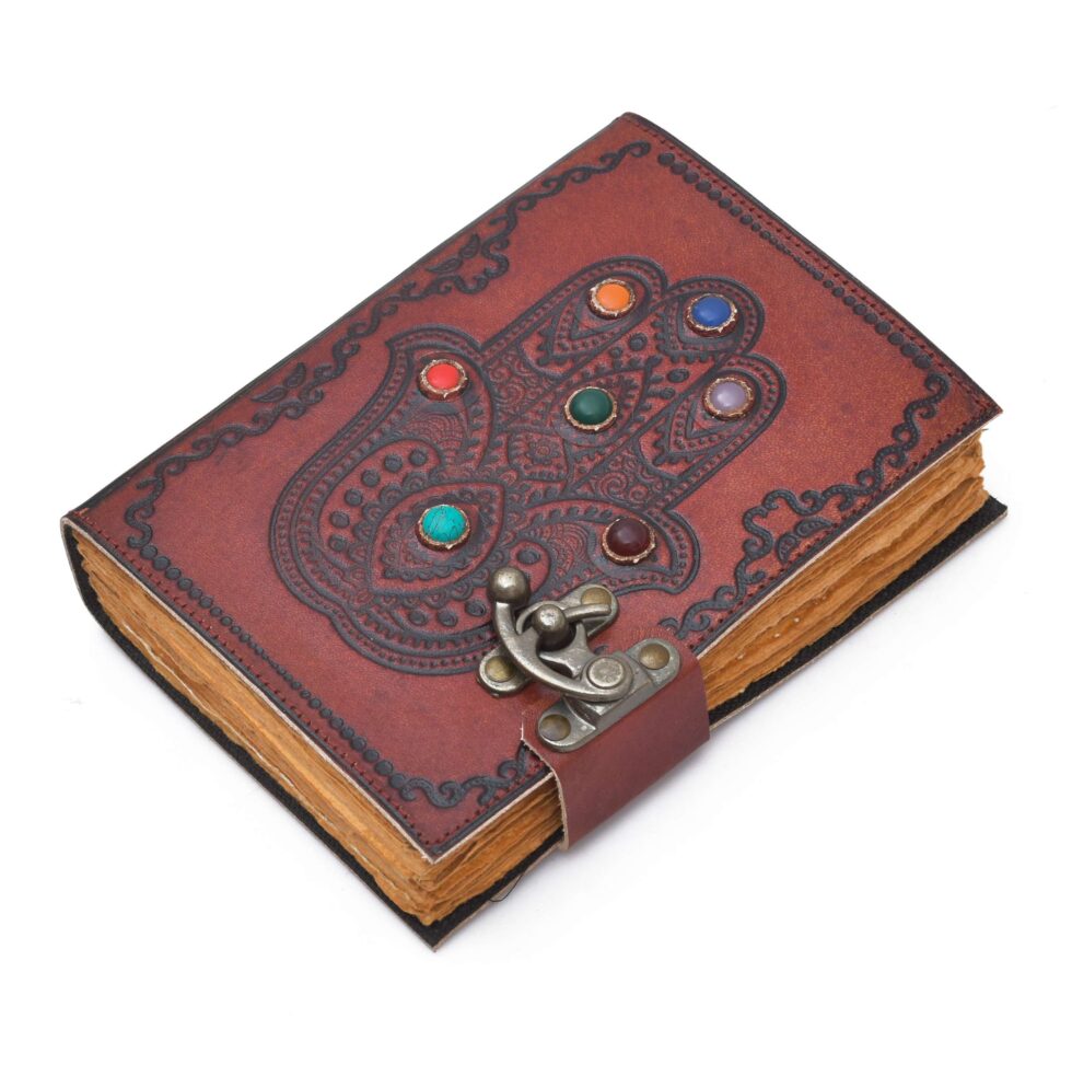 Hamsa Hand Leather Journal – Handmade Notebook with 7 Chakra Stones & Vintage Lock | Spiritual Boho Diary, Wiccan Grimoire, Reiki Gift (BLACKLUXE CRAFTS) - BLACKLUXECRAFTS