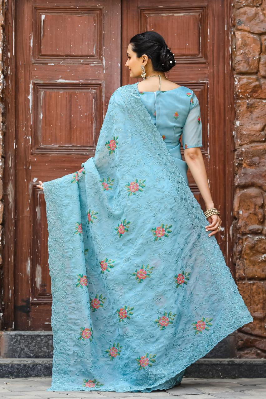 Handmade Light Blue Floral Embroidered Saree – Pure Indian Ethnic Wear | Designer Organza Saree for Weddings & Parties (BLACKLUXE CRAFTS)