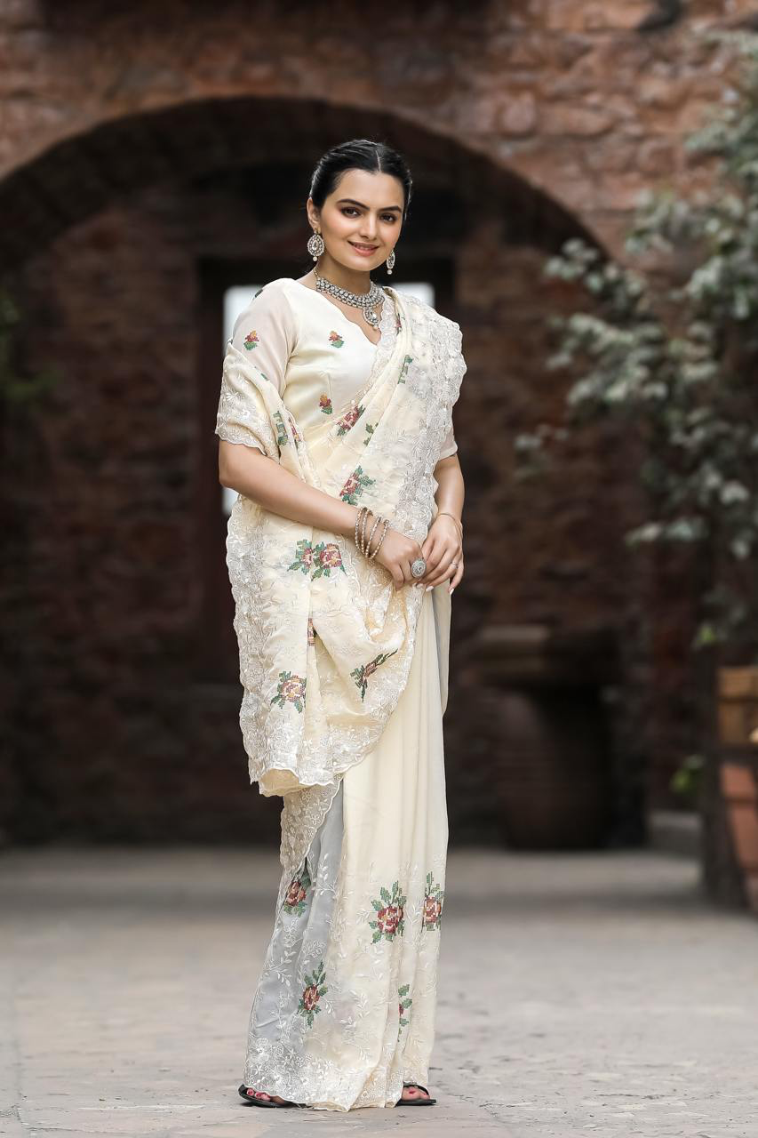 Handmade Ivory Floral Embroidered Saree – Elegant Indian Wedding & Party Wear | Ethnic Designer Sari for Women (BLACKLUXE CRAFTS)