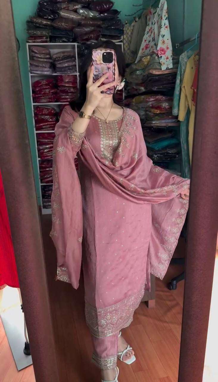 Women's Chinnon Silk Embroidery Sequence Work Straight Kurti With Pant & Dupatta Set (BLACKLUXE CRAFTS) - BLACKLUXECRAFTS