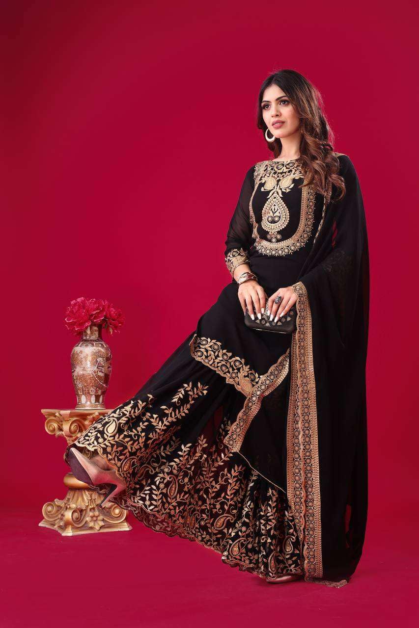 Women's Faux Georgette Ensemble with Embroidery & Sequence Work Kurti With Sharara and Dupatta Set (BLACKLUXE CRAFTS) - BLACKLUXECRAFTS