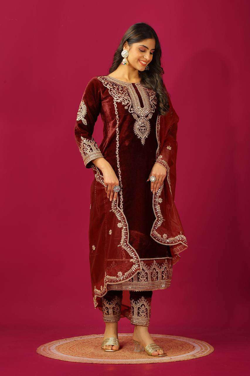 Maroon Velvet Straight Suit with Heavy Golden Embroidery & Net Dupatta | Party & Wedding Wear (BLACKLUXE CRAFTS) - BLACKLUXECRAFTS