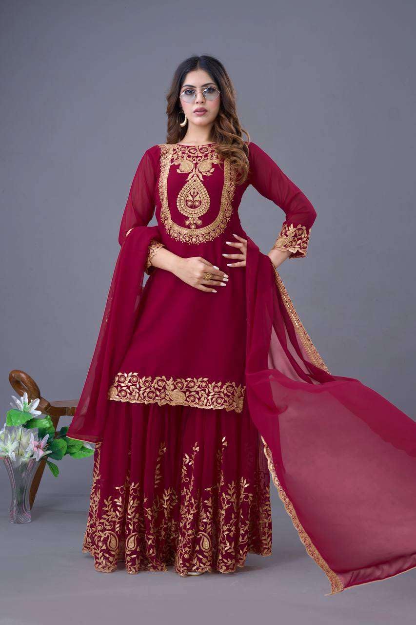 Women's Faux Georgette Ensemble with Embroidery & Sequence Work Kurti With Sharara and Dupatta Set (BLACKLUXE CRAFTS) - BLACKLUXECRAFTS