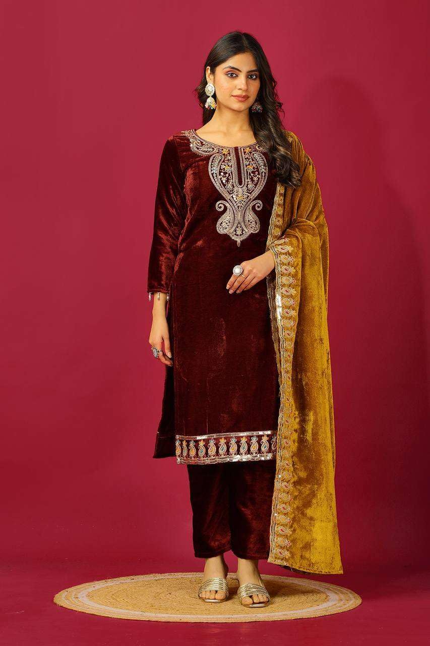 Velvet Embroidered Suit Set with Pink Dupatta – Designer Indian Wedding & Festive Wear Outfit (BLACKLUXE CRAFTS) - BLACKLUXECRAFTS