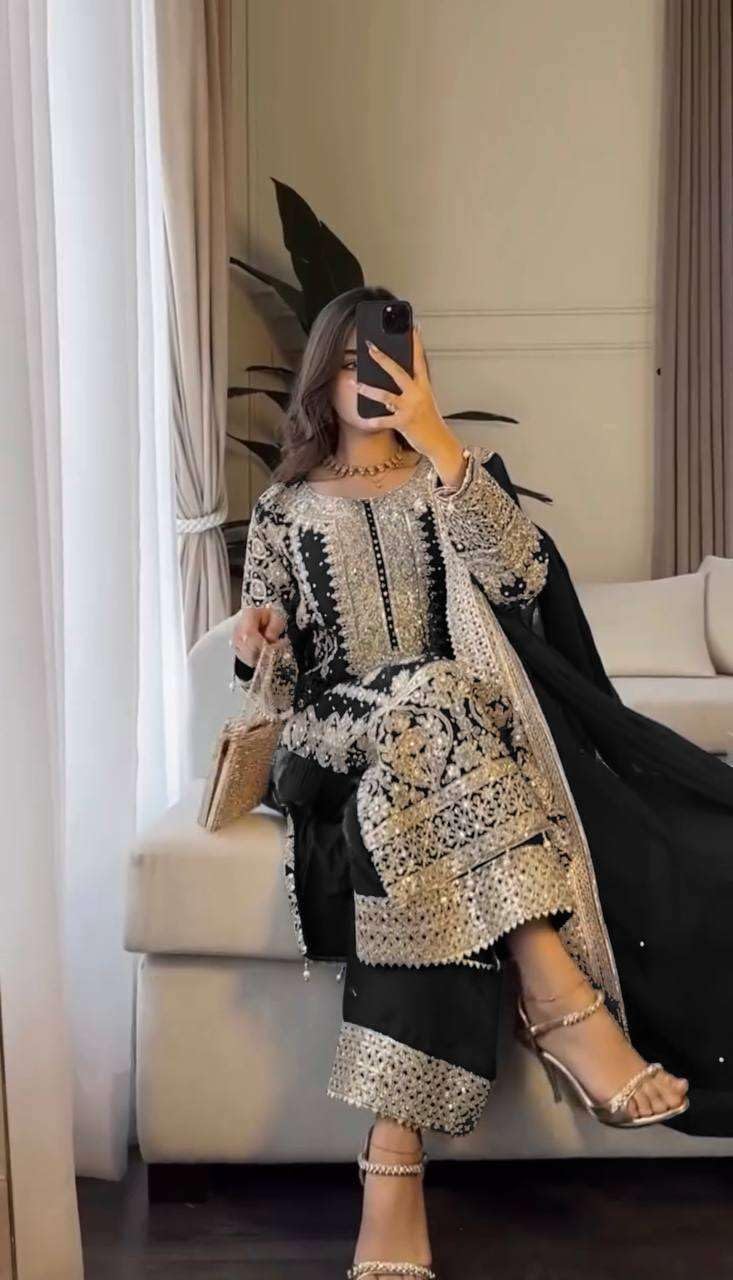 Black Embroidered Pakistani Suit with Heavy Silver Zari & Sequin Work | Designer Salwar Kameez with Dupatta for Women (BLACKLUXE CRAFTS) - BLACKLUXECRAFTS