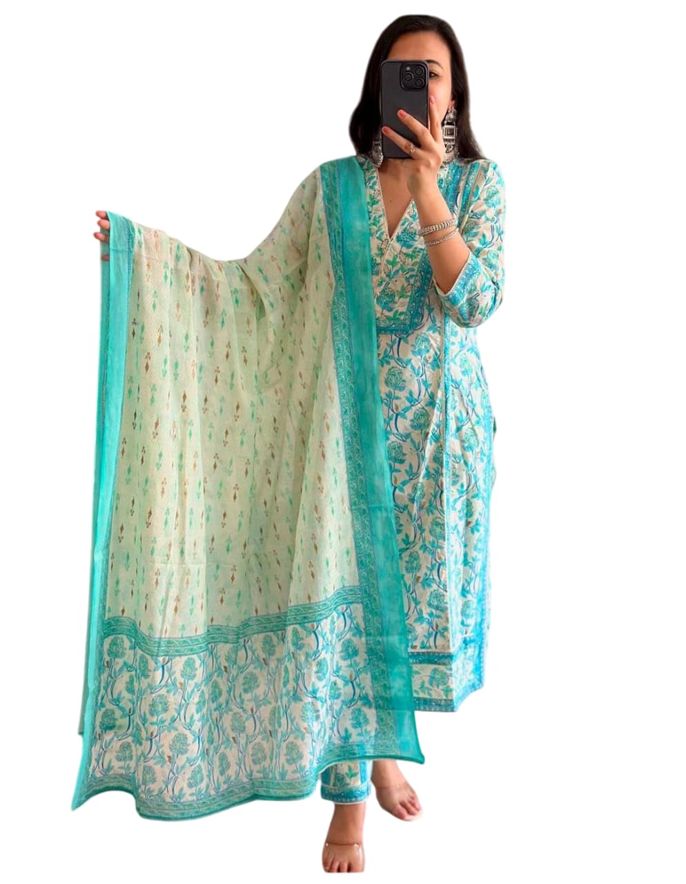 Teal Blue Printed Cotton Kurta Set with Dupatta – Indian Ethnic Suit for Women, Festive & Party Wear Outfit (BLACKLUXE CRAFTS) - BLACKLUXECRAFTS