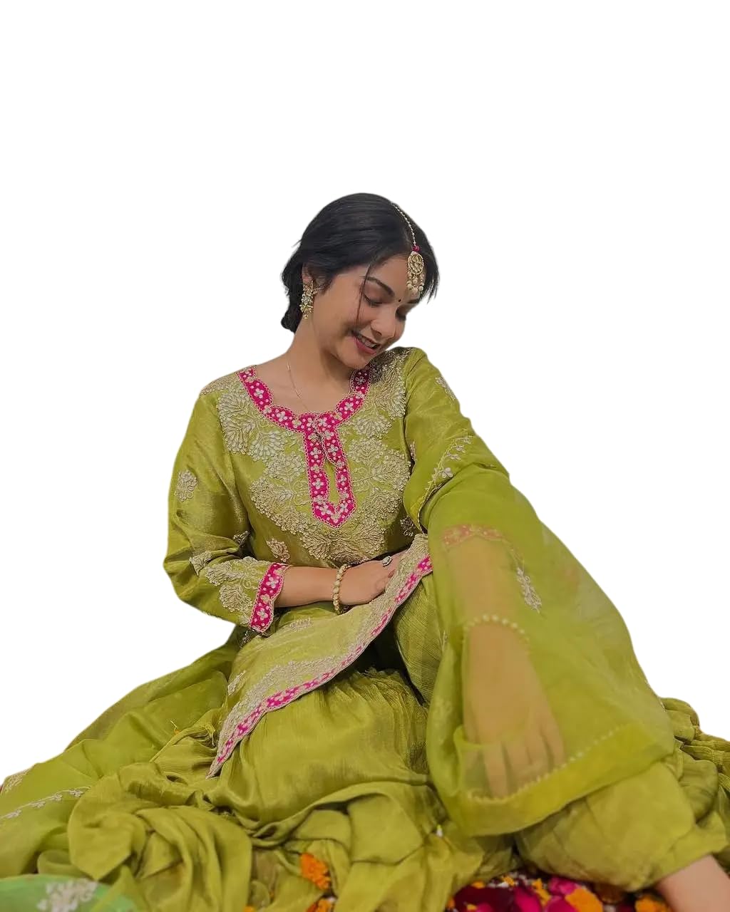 Women's Chinon Silk Embroidered Kurti With Sharara & Dupatta Set with Lace Border (BLACKLUXE CRAFTS) - BLACKLUXECRAFTS