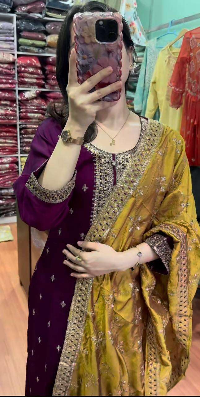 Women's Chinnon Silk Embroidered Straight Kurti with Pant & Dupatta Set (BLACKLUXE CRAFTS) - BLACKLUXECRAFTS