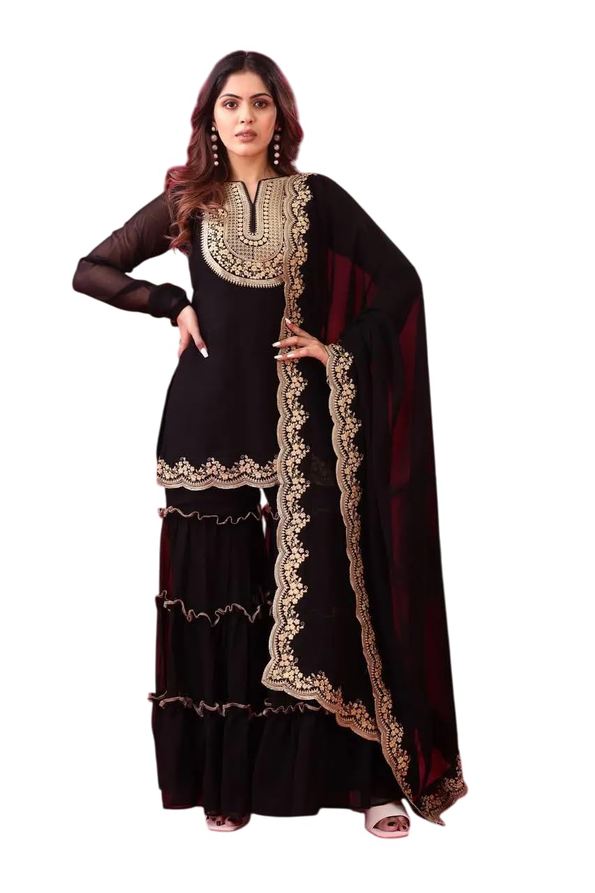 Women's Faux Georgette Embroidered Kurti With Plazzo and Dupatta Set (BLACKLUXE CRAFTS) - BLACKLUXECRAFTS