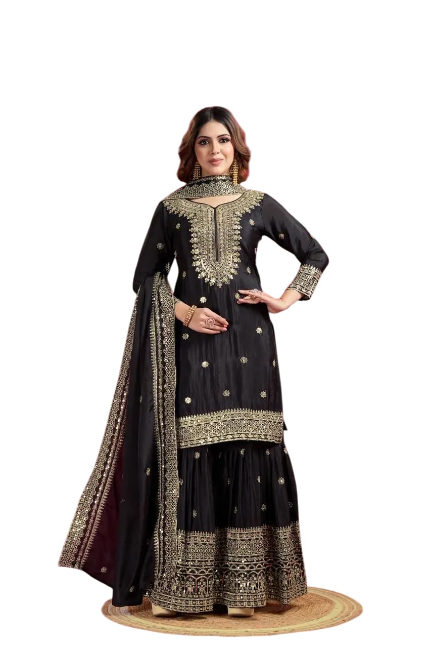 Black Embroidered Sharara Suit with Dupatta | Designer Indian Ethnic Wear | Party & Wedding Outfit for Women (BLACKLUXE CRAFTS) - BLACKLUXECRAFTS