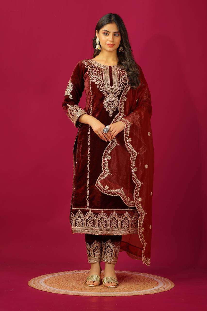 Maroon Velvet Straight Suit with Heavy Golden Embroidery & Net Dupatta | Party & Wedding Wear (BLACKLUXE CRAFTS) - BLACKLUXECRAFTS