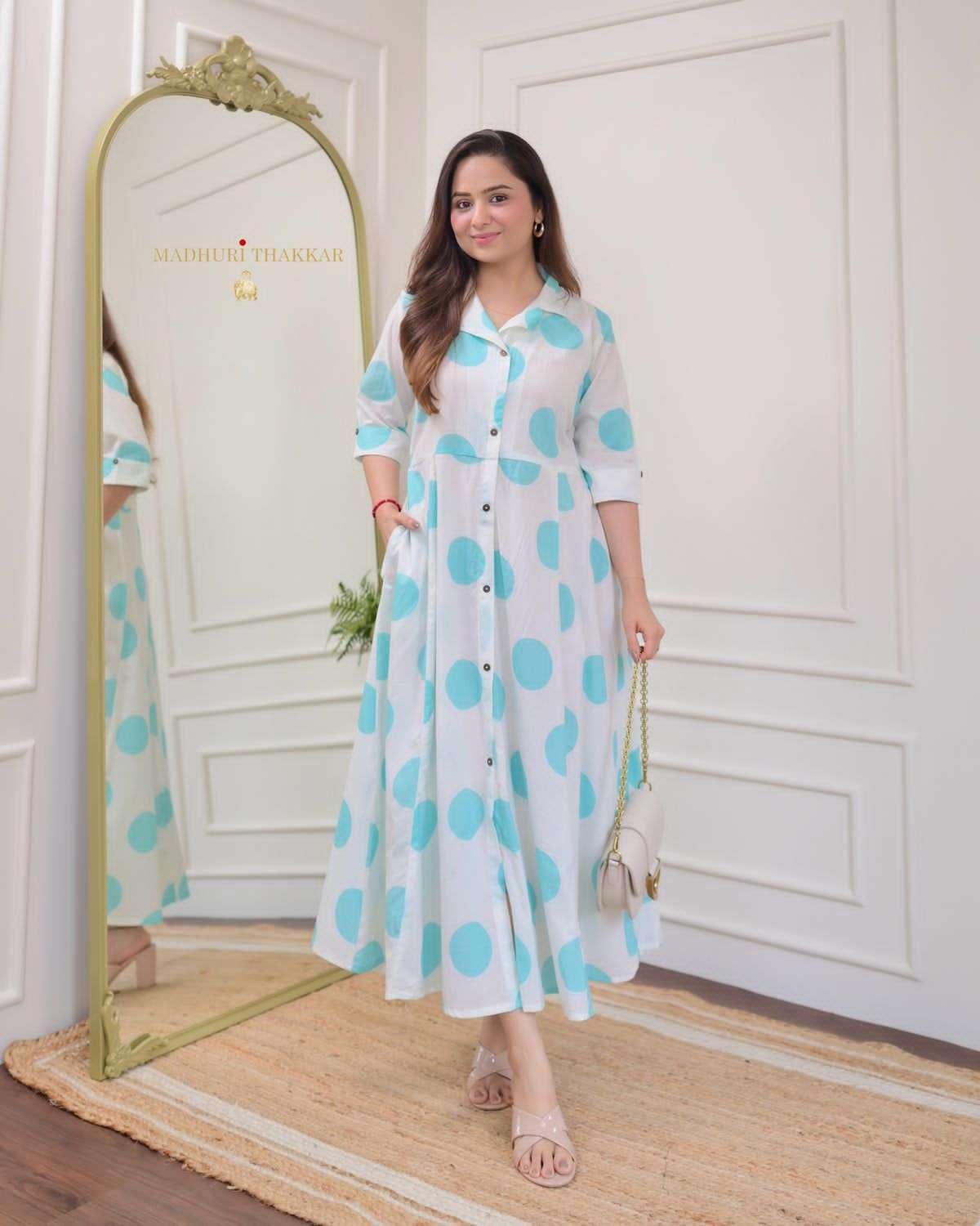 Women’s White Maxi Dress with Polka Dots – Casual Button-Down Long Shirt Dress with Pockets (BLACKLUXE CRAFTS) - BLACKLUXECRAFTS
