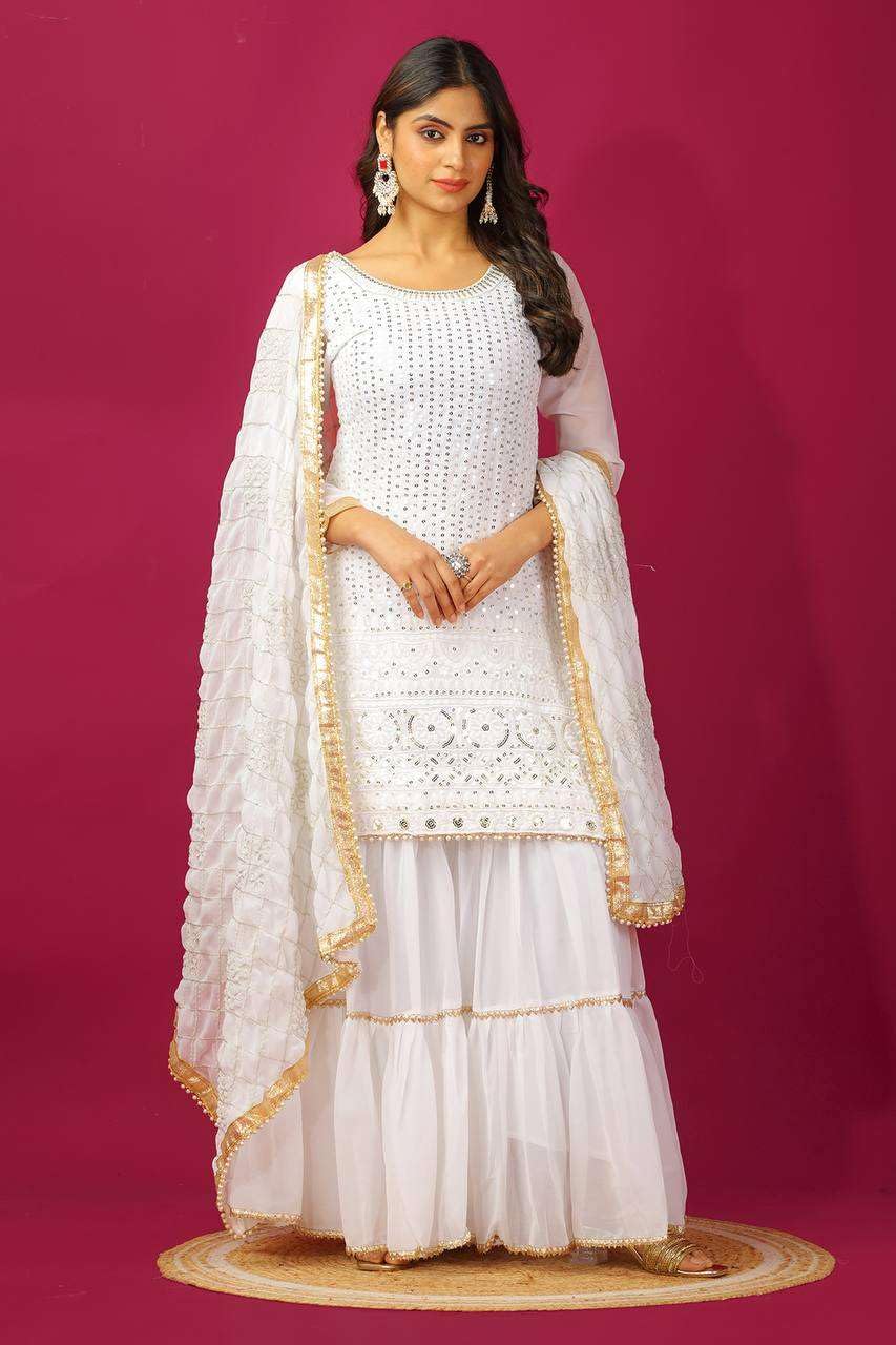 Georgette Sharara Suit with Mirror Work & Embroidered Dupatta | Party Wear Indian Ethnic Set (BLACKLUXE CRAFTS) - BLACKLUXECRAFTS