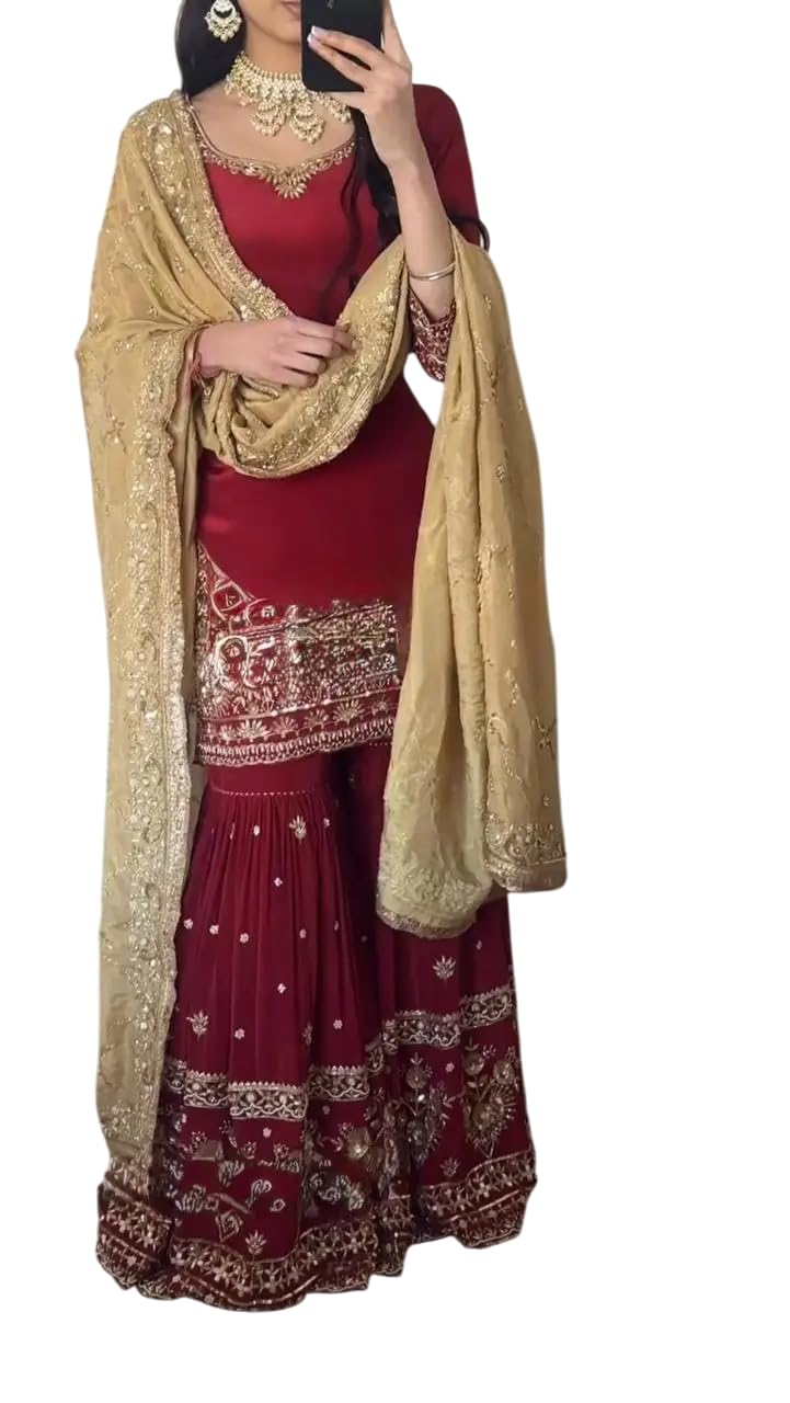 Women's Faux Georgette Embroidered Straight Kurti With Sharara and Dupatta Set (BLACKLUXE CRAFTS) - BLACKLUXECRAFTS