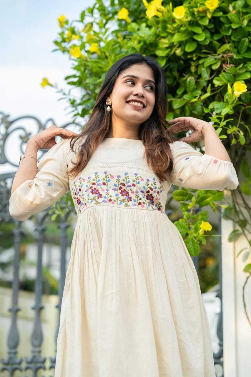 Cream Cotton Embroidered Dress – Handcrafted Floral Boho Ethnic Wear for Women (BLACKLUXE CRAFTS) - BLACKLUXECRAFTS