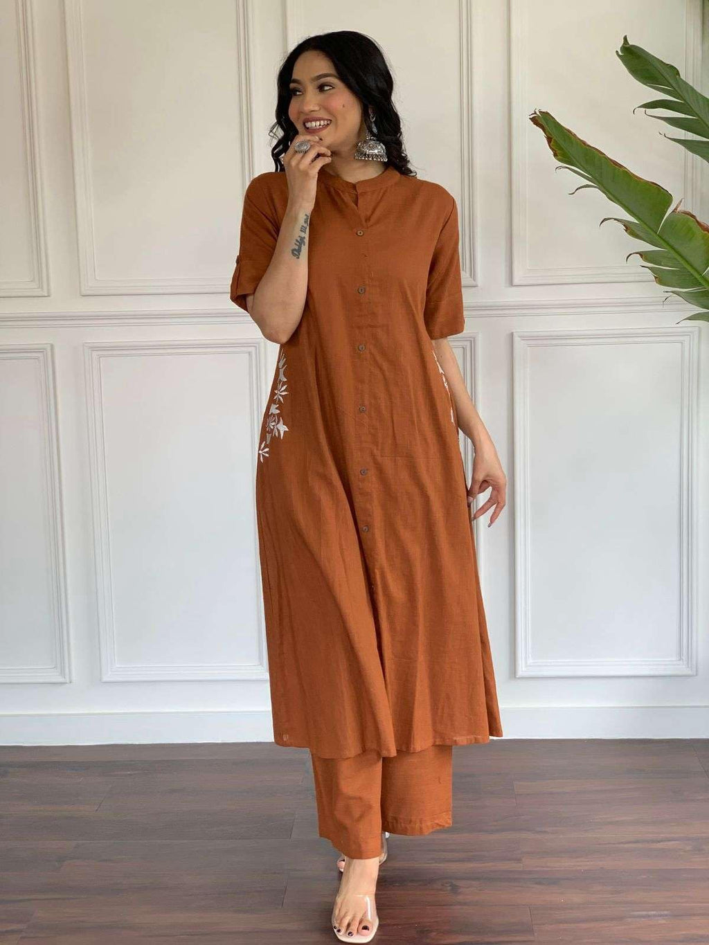 Rust Brown Cotton Co-Ord Set for Women | Casual Kurta with Pants | Comfortable Daily Wear Outfit (BLACKLUXE CRAFTS) - BLACKLUXECRAFTS