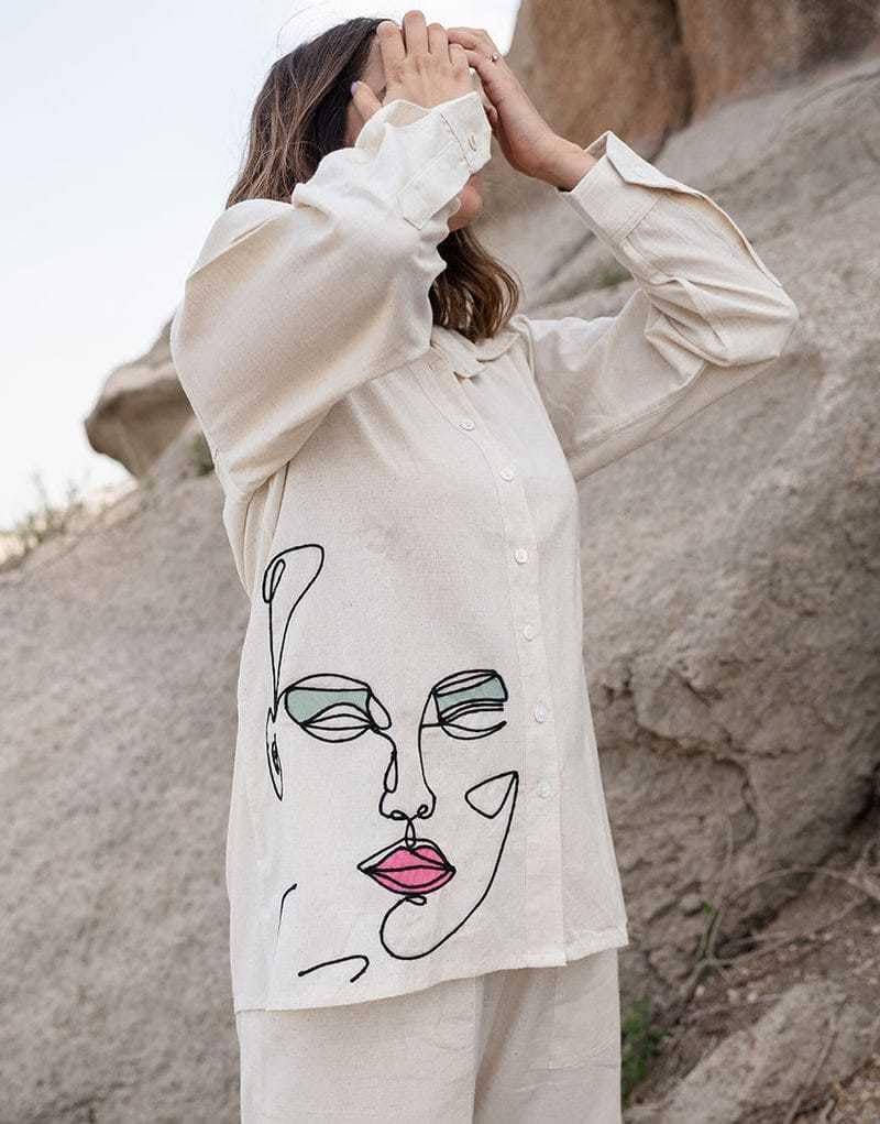 Women’s Off-White Cotton Co-Ord Set – Long Sleeve Shirt with Abstract Face Print & Straight Pants (BLACKLUXE CRAFTS) - BLACKLUXECRAFTS