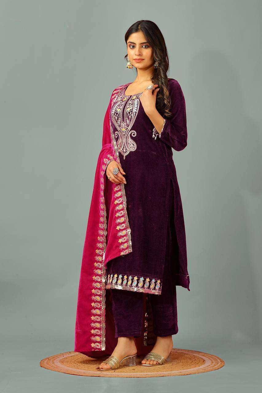 Velvet Embroidered Suit Set with Pink Dupatta – Designer Indian Wedding & Festive Wear Outfit (BLACKLUXE CRAFTS) - BLACKLUXECRAFTS