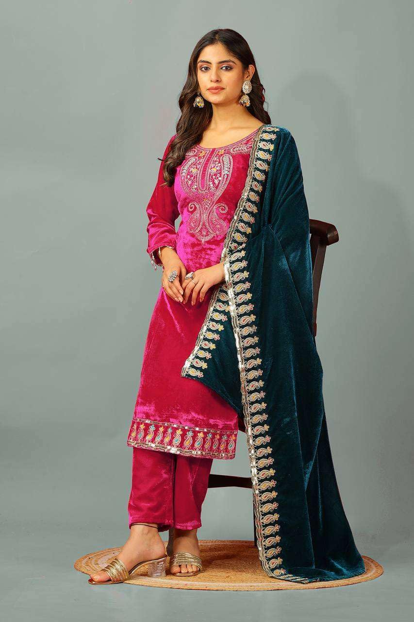 Velvet Embroidered Suit Set with Pink Dupatta – Designer Indian Wedding & Festive Wear Outfit (BLACKLUXE CRAFTS) - BLACKLUXECRAFTS