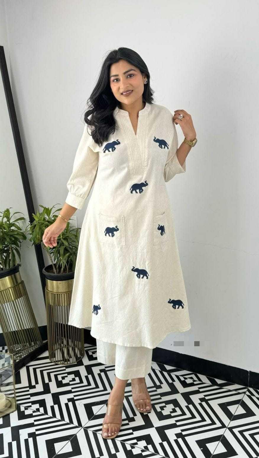 Handmade Cotton Kurta Set with Blue Elephant Embroidery – Casual & Office Wear for Women (BLACKLUXE CRAFTS) - BLACKLUXECRAFTS