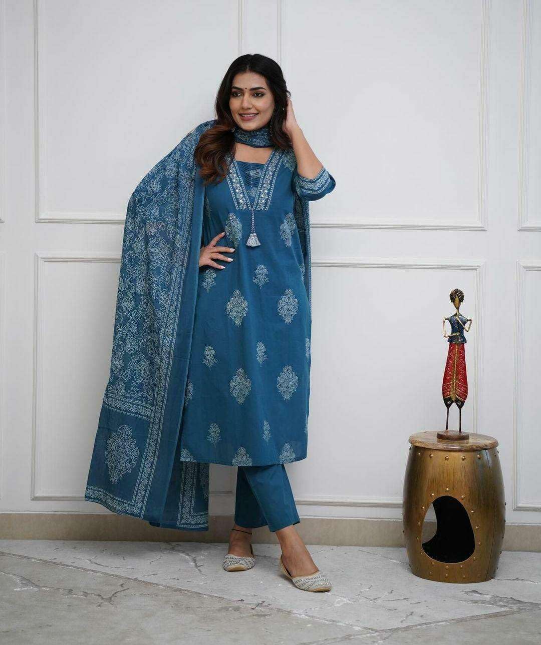 Embroidered Cotton Kurta Set with Dupatta – Elegant Indian Ethnic Wear for Women (BLACKLUXE CRAFTS) - BLACKLUXECRAFTS