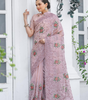 Handmade Pink Floral Embroidered Saree – Elegant Designer Organza Silk Sari for Women | Indian Traditional Wedding & Party Wear – Made in India (BLACKLUXE CRAFTS)