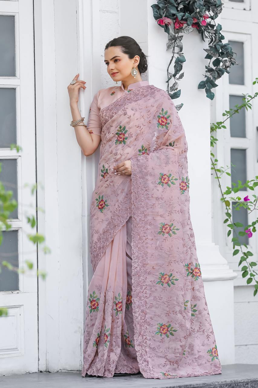 Handmade Pink Floral Embroidered Saree – Elegant Designer Organza Silk Sari for Women | Indian Traditional Wedding & Party Wear – Made in India (BLACKLUXE CRAFTS)