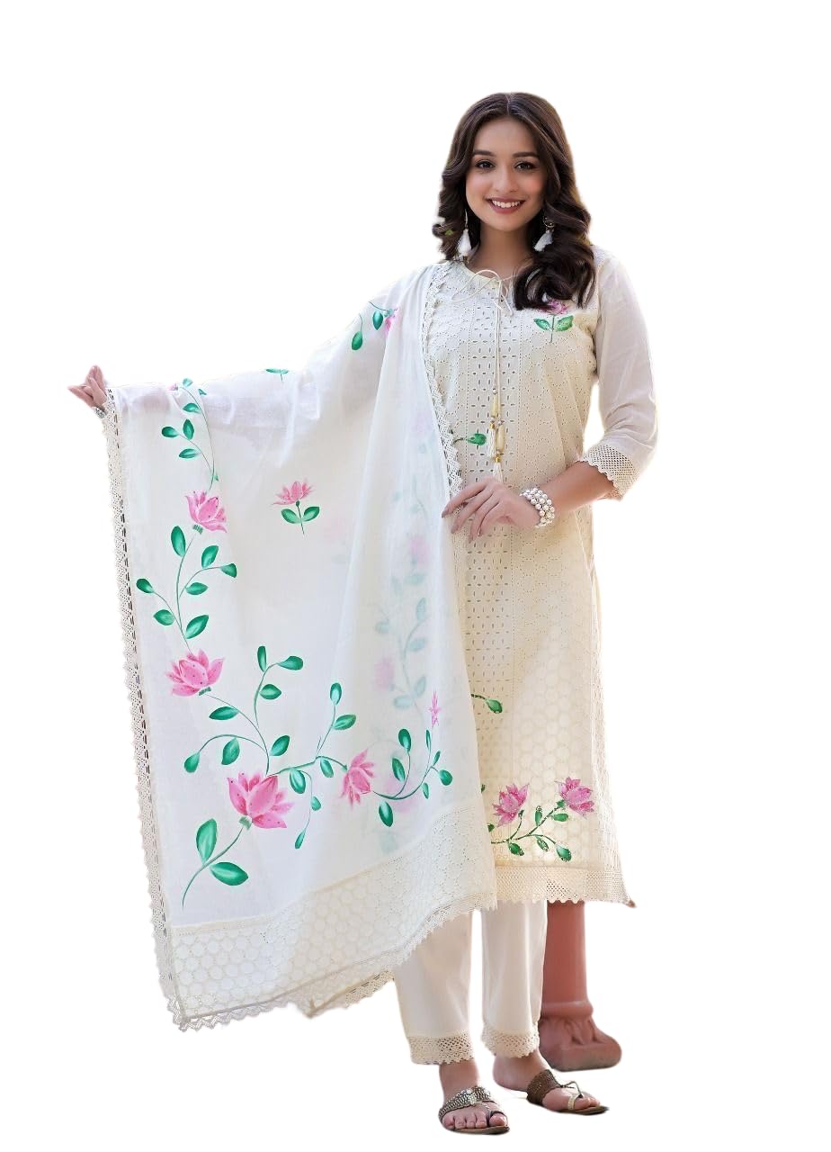 Women's Cotton Hand-Painted Chicken Shifli Straight Kurti With Pant and Mulmul Dupatta Set (BLACKLUXE CRAFTS) - BLACKLUXECRAFTS