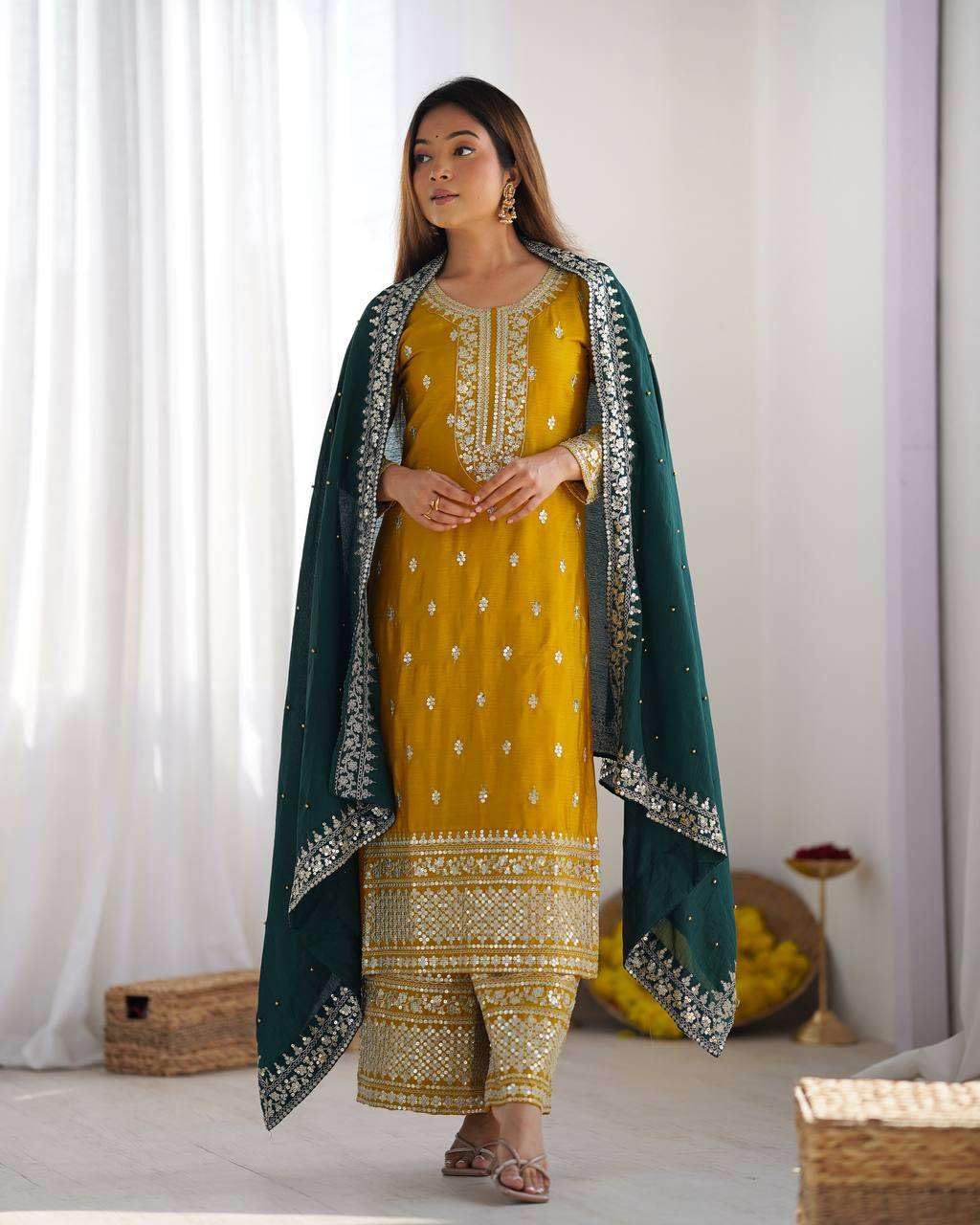 Women's Chinnon Silk Embroidered Straight Kurti With Pants and Dupatta Set (BLACKLUXE CRAFTS) - BLACKLUXECRAFTS