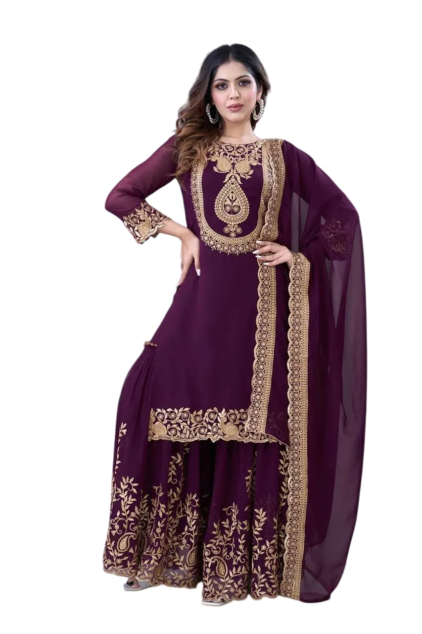 Women's Faux Georgette Ensemble with Embroidery & Sequence Work Kurti With Sharara and Dupatta Set (BLACKLUXE CRAFTS) - BLACKLUXECRAFTS
