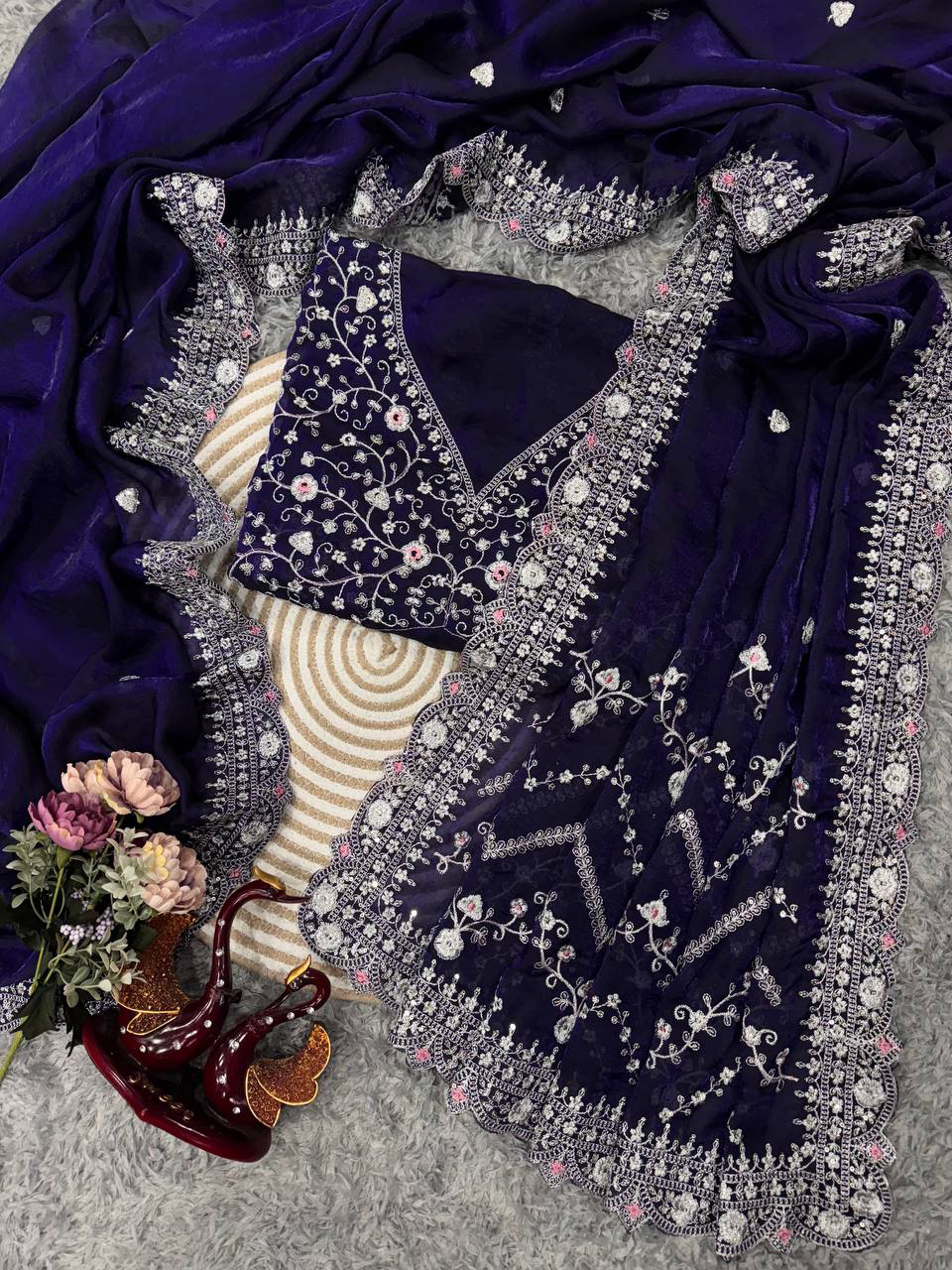 Handmade Indian Navy Blue Embroidered Salwar Sarees | Traditional Ethnic Anarkali Dress with Dupatta – Wedding & Party Wear (BLACKLUXE CRAFTS)