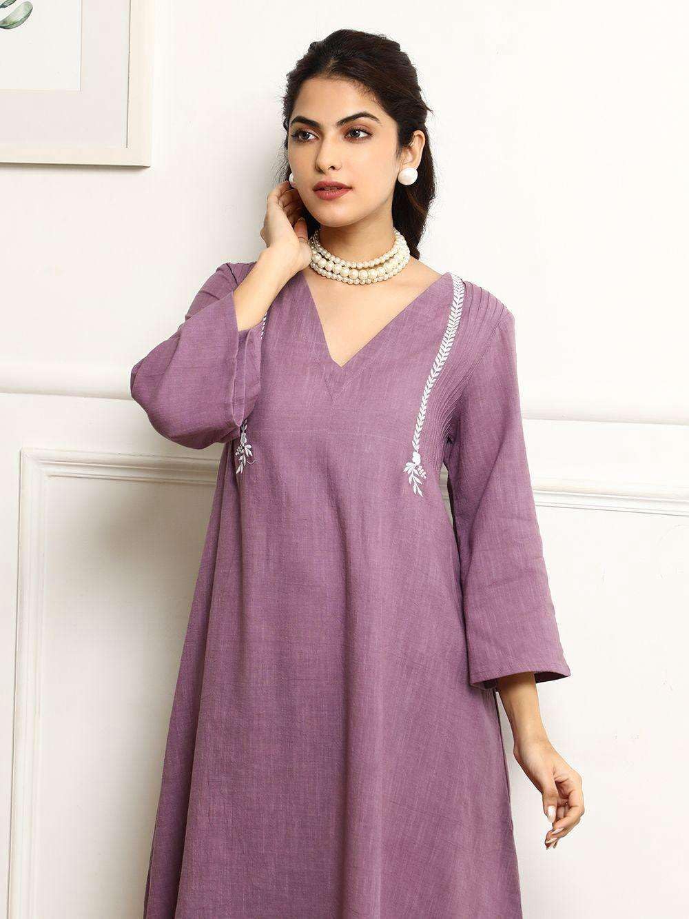 Lavender Cotton Kurta Pant Set with Striped Dupatta – Elegant Embroidered Ethnic Wear for Women (BLACKLUXE CRAFTS) - BLACKLUXECRAFTS