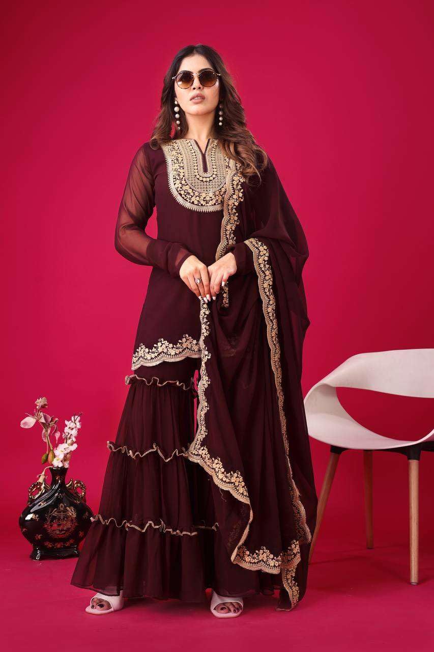 Women's Faux Georgette Embroidered Kurti With Plazzo and Dupatta Set (BLACKLUXE CRAFTS) - BLACKLUXECRAFTS