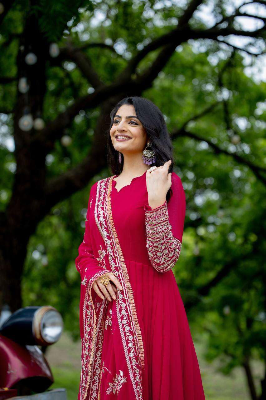 Maroon Anarkali Gown with Heavy Golden Embroidery & Dupatta | Designer Indian Pakistani Wedding Dress for Women (BLACKLUXE CRAFTS) - BLACKLUXECRAFTS