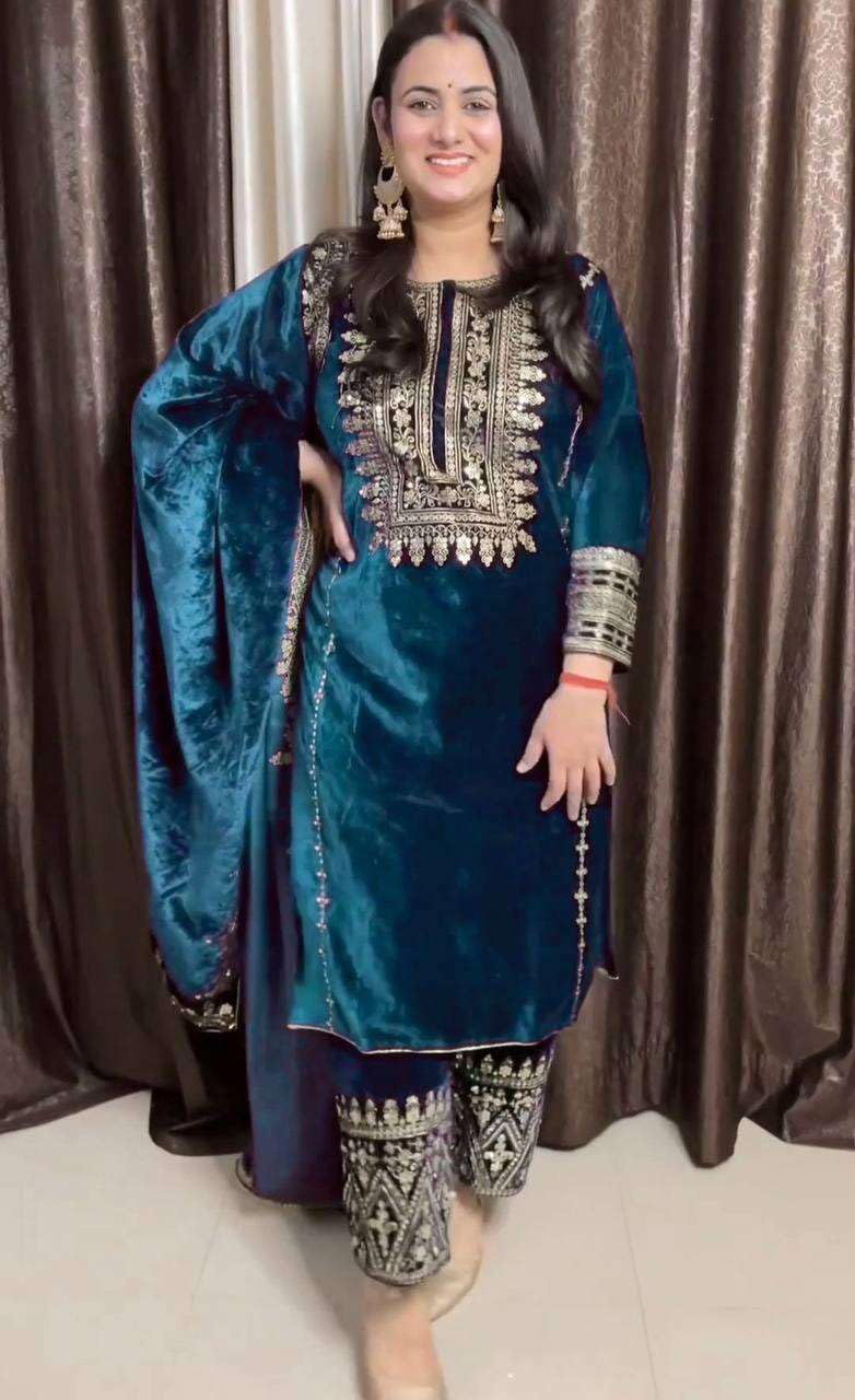 Women's Viscose Velvet Embroidery and Sequence Work Straight Kurti with Pant & Dupatta Set (Teal Blue-L)(BLACKLUXE CRAFTS) - BLACKLUXECRAFTS