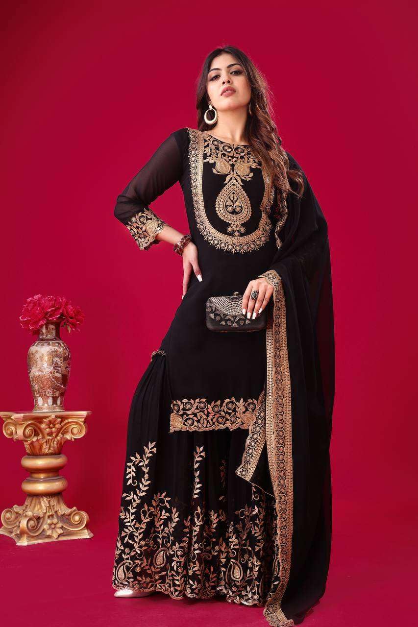 Women's Faux Georgette Ensemble with Embroidery & Sequence Work Kurti With Sharara and Dupatta Set (BLACKLUXE CRAFTS) - BLACKLUXECRAFTS