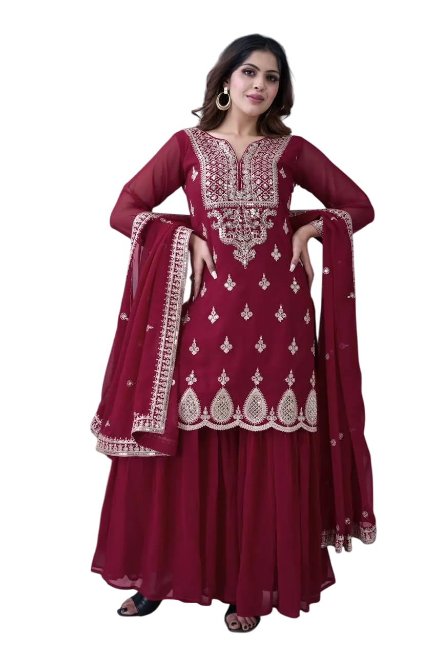 Women's Georgette Embroidered Kurti With Sharara & Dupatta Set (BLACKLUXE CRAFTS) - BLACKLUXECRAFTS