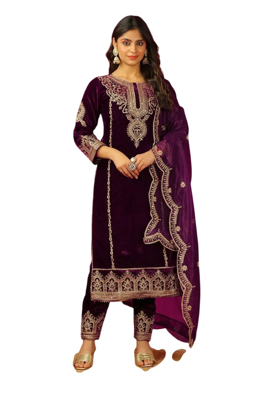 Maroon Velvet Straight Suit with Heavy Golden Embroidery & Net Dupatta | Party & Wedding Wear (BLACKLUXE CRAFTS) - BLACKLUXECRAFTS