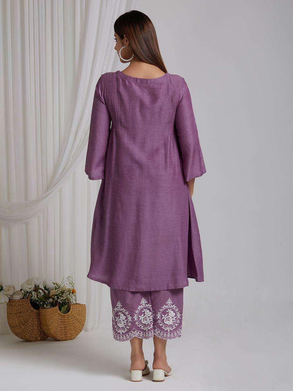 Lavender Cotton Kurta Pant Set with Striped Dupatta – Elegant Embroidered Ethnic Wear for Women (BLACKLUXE CRAFTS) - BLACKLUXECRAFTS