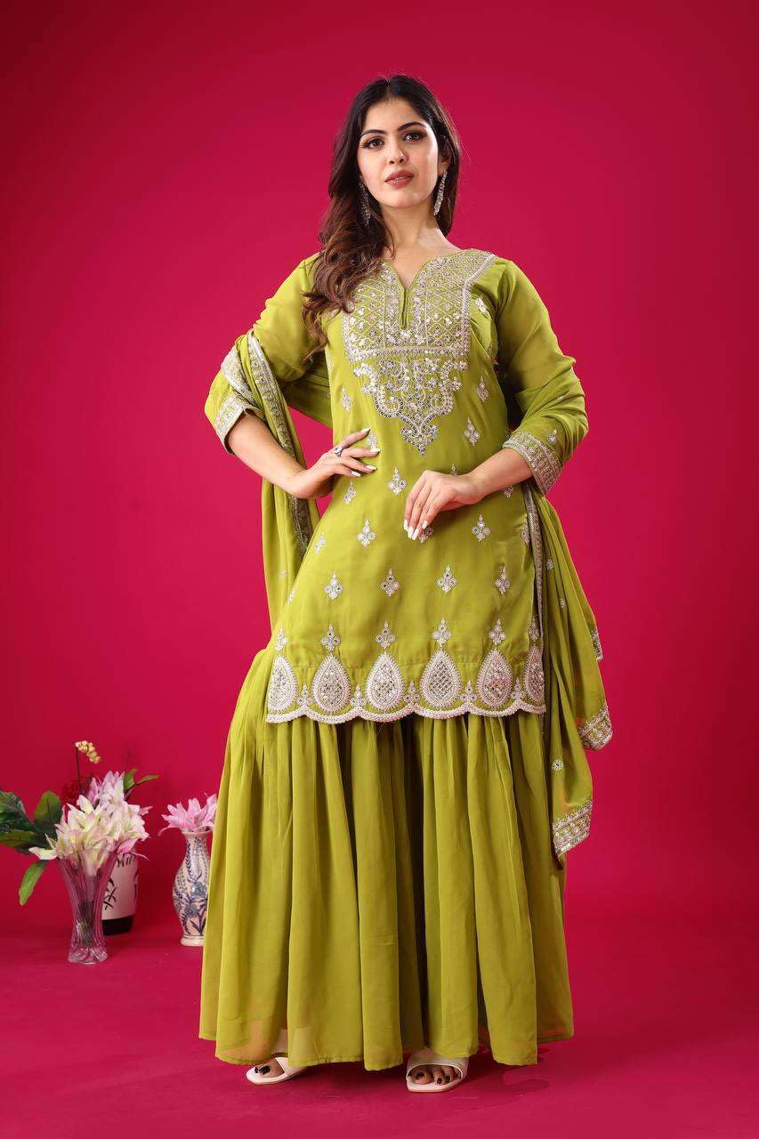Women's Georgette Embroidered Kurti With Sharara & Dupatta Set (BLACKLUXE CRAFTS) - BLACKLUXECRAFTS
