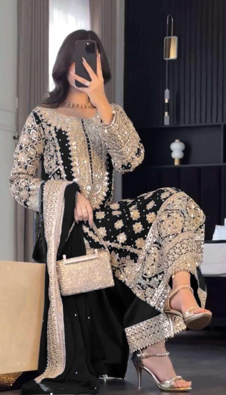 Black Embroidered Pakistani Suit with Heavy Silver Zari & Sequin Work | Designer Salwar Kameez with Dupatta for Women (BLACKLUXE CRAFTS) - BLACKLUXECRAFTS