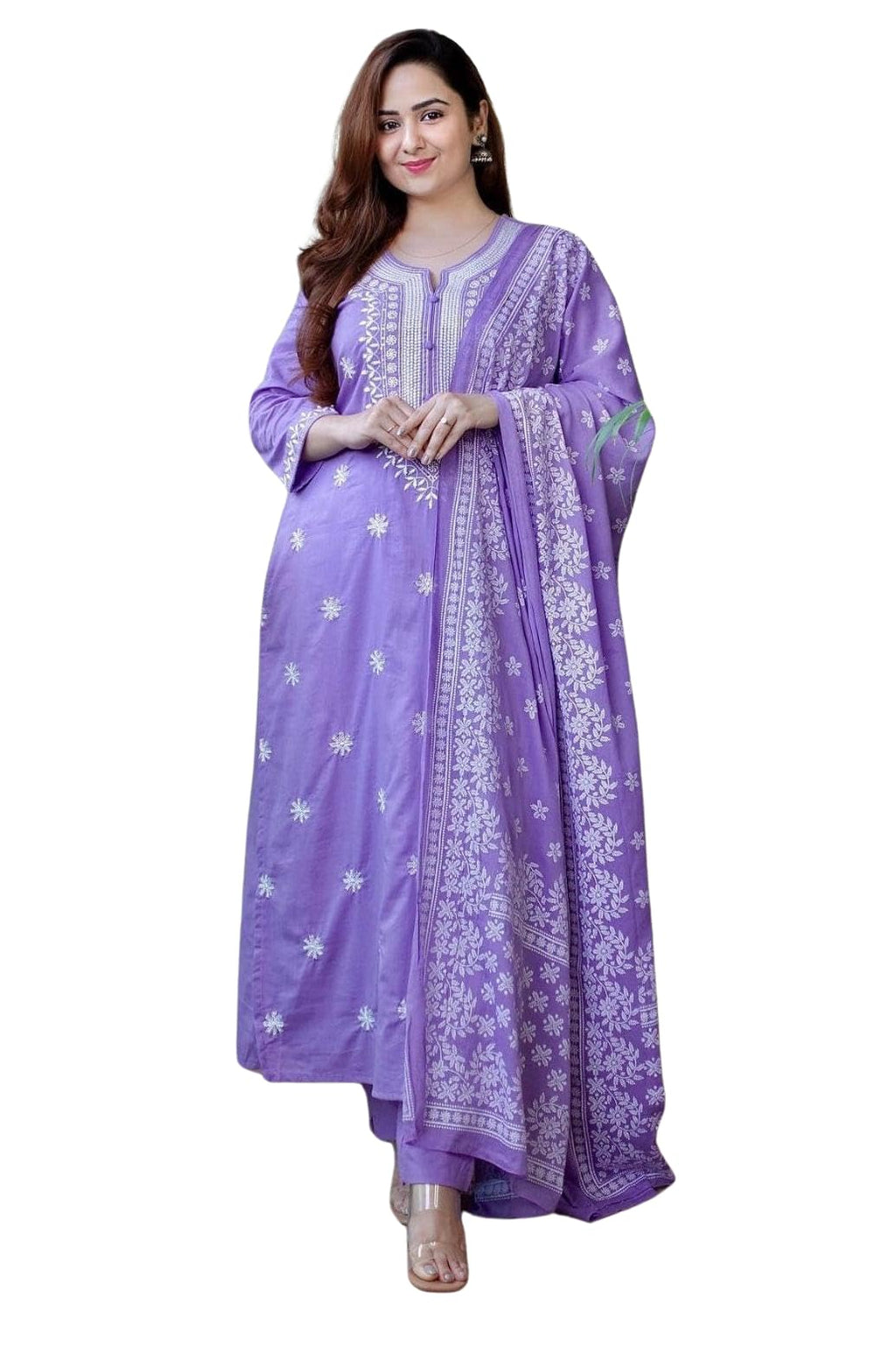 Elegant Lavender Cotton Anarkali Kurta Set with Dupatta – Hand Embroidered Ethnic Wear for Women (BLACKLUXE CRAFTS) - BLACKLUXECRAFTS