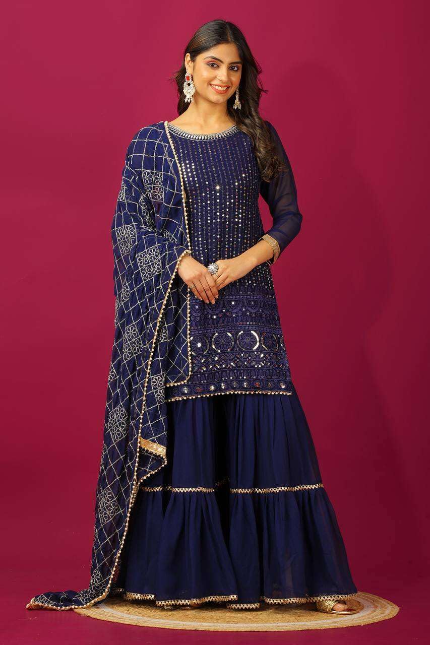 Georgette Sharara Suit with Mirror Work & Embroidered Dupatta | Party Wear Indian Ethnic Set (BLACKLUXE CRAFTS) - BLACKLUXECRAFTS