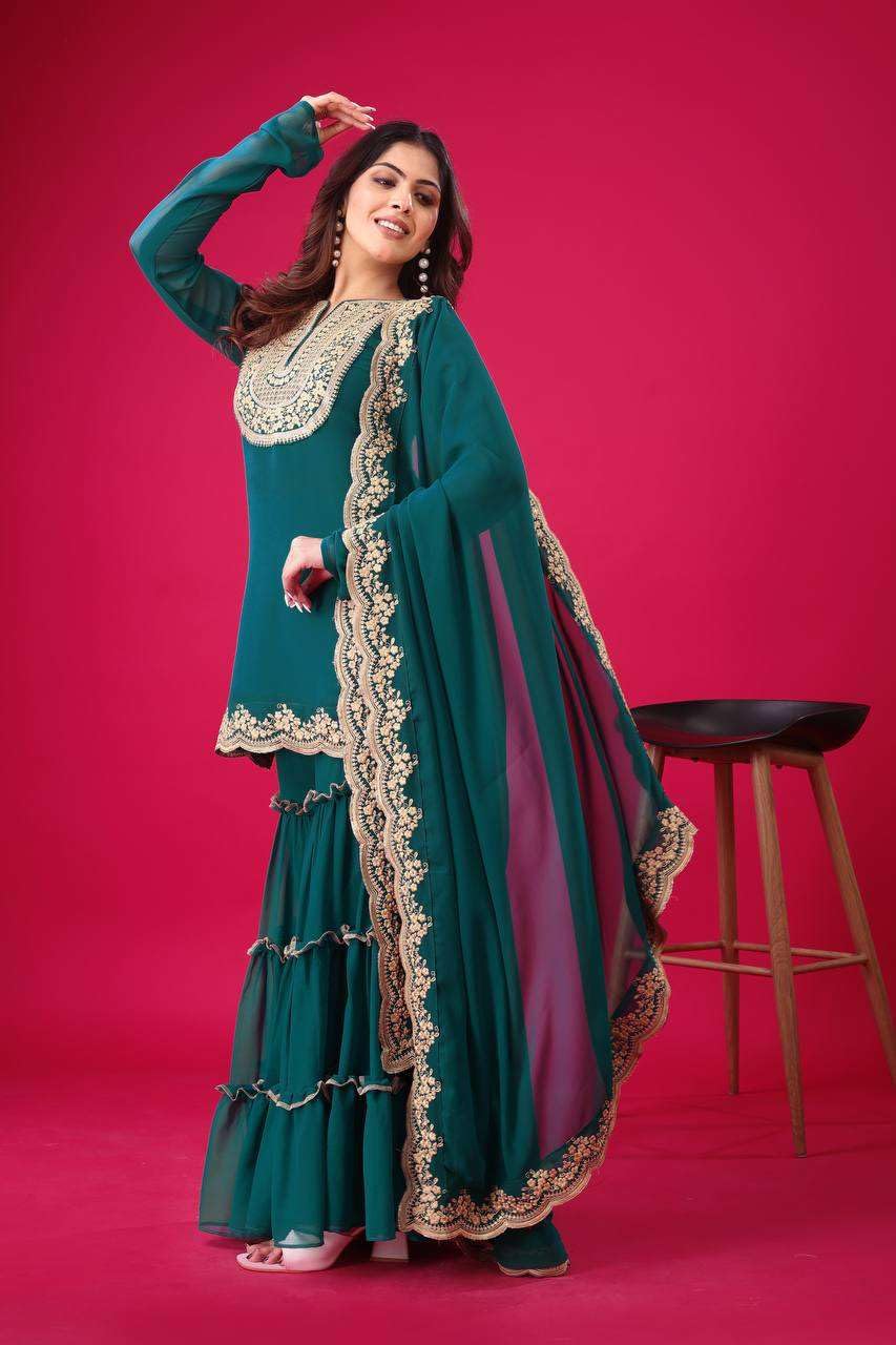 Women's Faux Georgette Embroidered Kurti With Plazzo and Dupatta Set (BLACKLUXE CRAFTS) - BLACKLUXECRAFTS