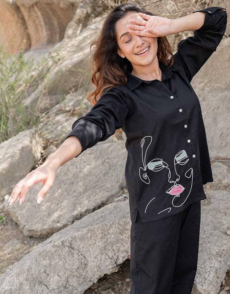 Women’s Black Co-ord Set with Abstract Face Embroidery – Stylish Casual Shirt & Pant Set
(BLACKLUXE CRAFTS) - BLACKLUXECRAFTS