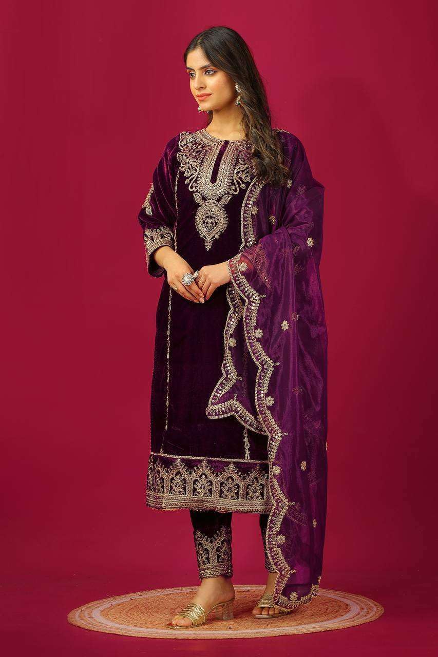 Maroon Velvet Straight Suit with Heavy Golden Embroidery & Net Dupatta | Party & Wedding Wear (BLACKLUXE CRAFTS) - BLACKLUXECRAFTS