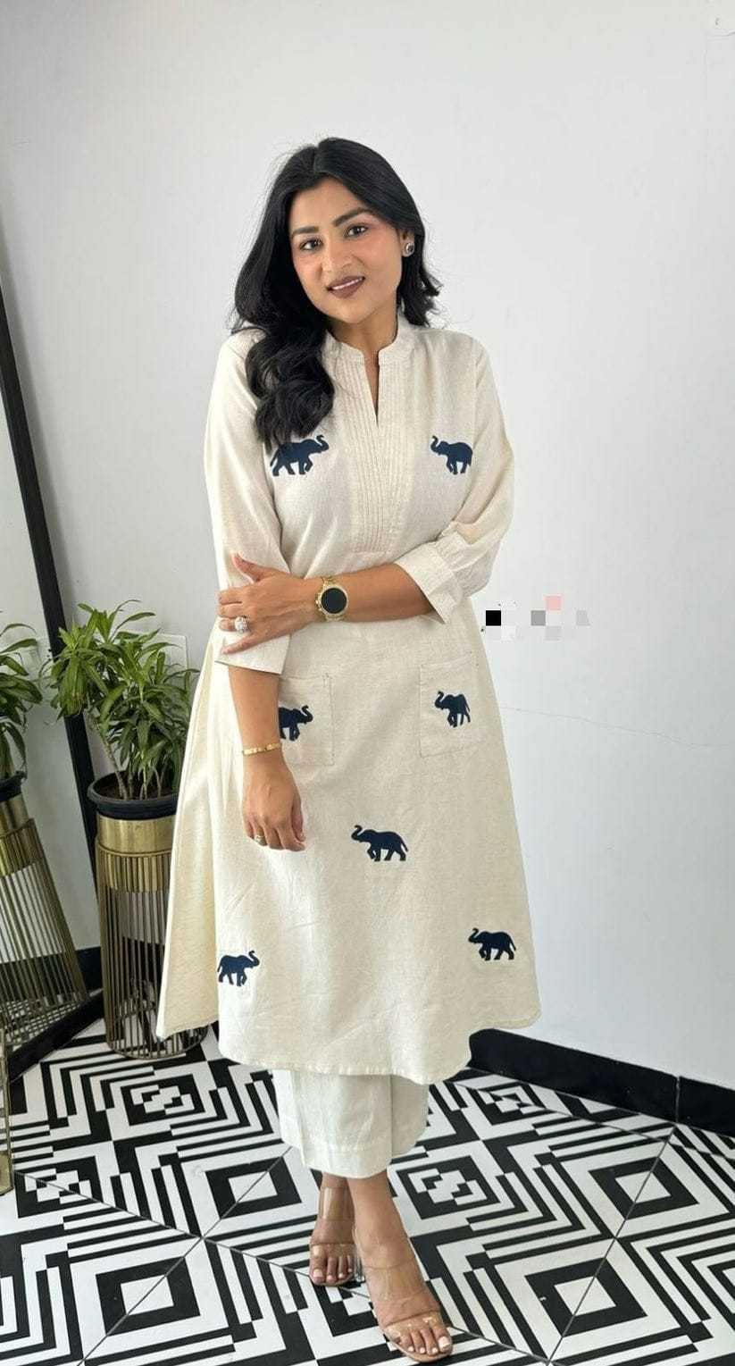 Handmade Cotton Kurta Set with Blue Elephant Embroidery – Casual & Office Wear for Women (BLACKLUXE CRAFTS) - BLACKLUXECRAFTS