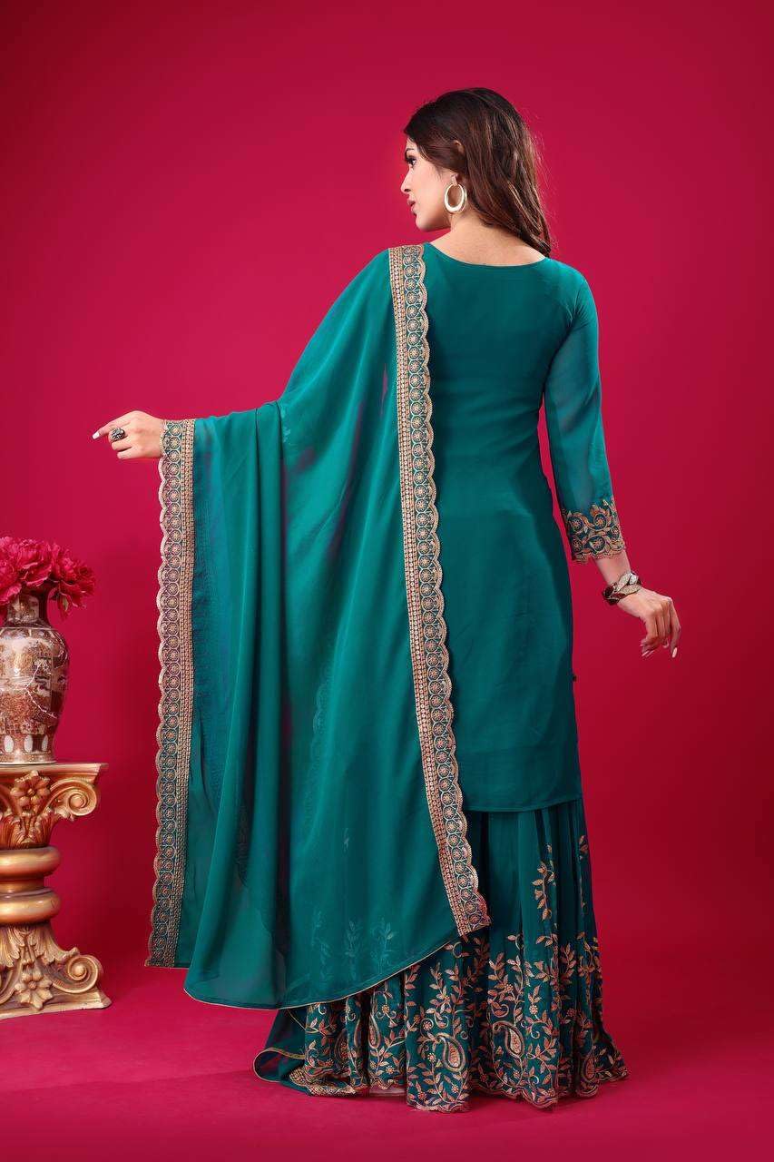 Women's Faux Georgette Ensemble with Embroidery & Sequence Work Kurti With Sharara and Dupatta Set (BLACKLUXE CRAFTS) - BLACKLUXECRAFTS