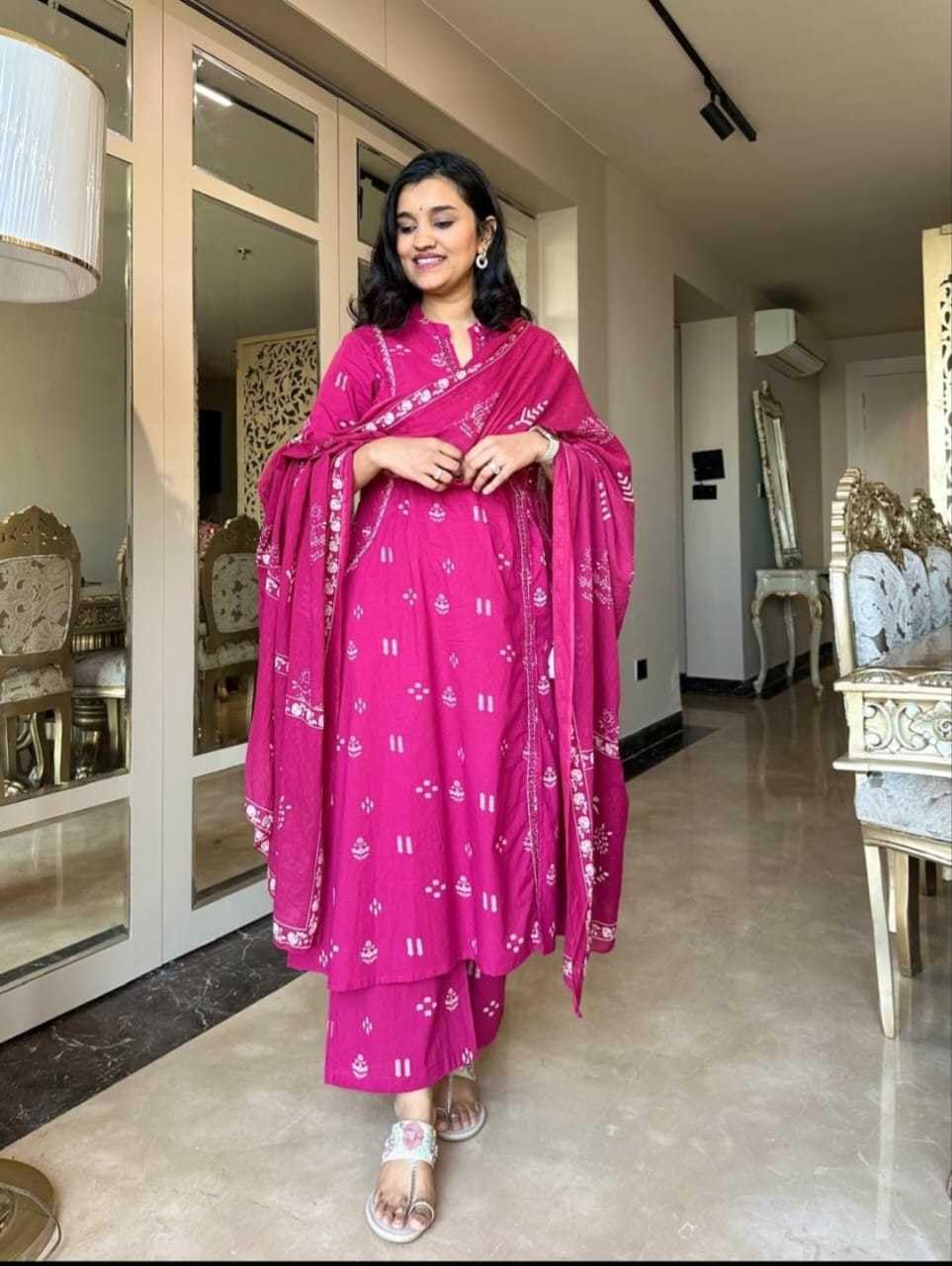 Women's Cotton Embroidered Anarkali Kurti with Pant and Dupatta Set (BLACKLUXE CRAFTS) - BLACKLUXECRAFTS