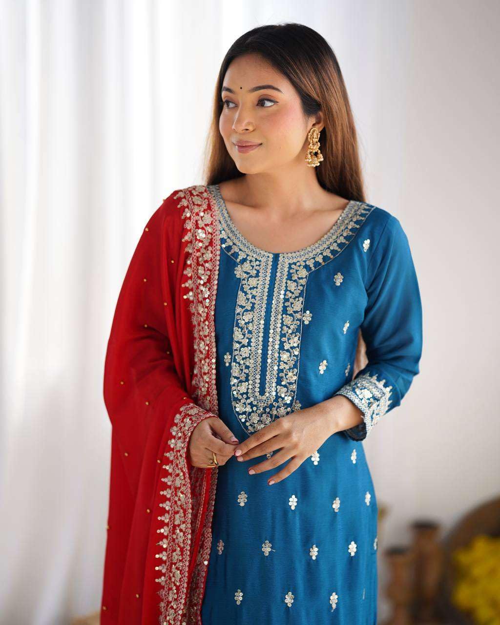 Women's Chinnon Silk Embroidered Straight Kurti With Pants and Dupatta Set (BLACKLUXE CRAFTS) - BLACKLUXECRAFTS